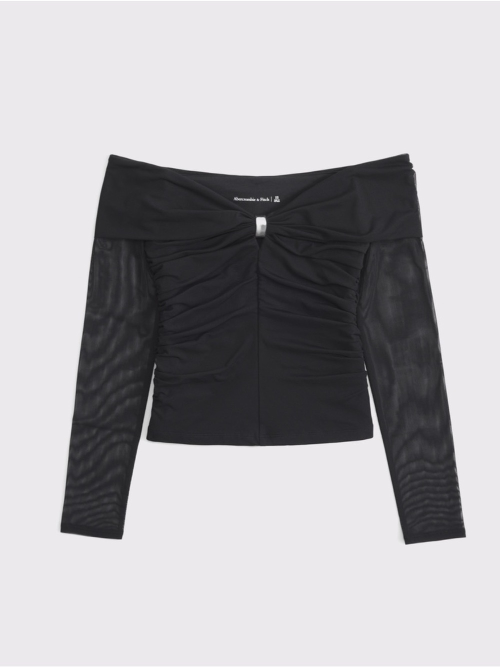 Abercrombie & Fitch Black Off-Shoulder Ruched Mesh Sleeve Top
